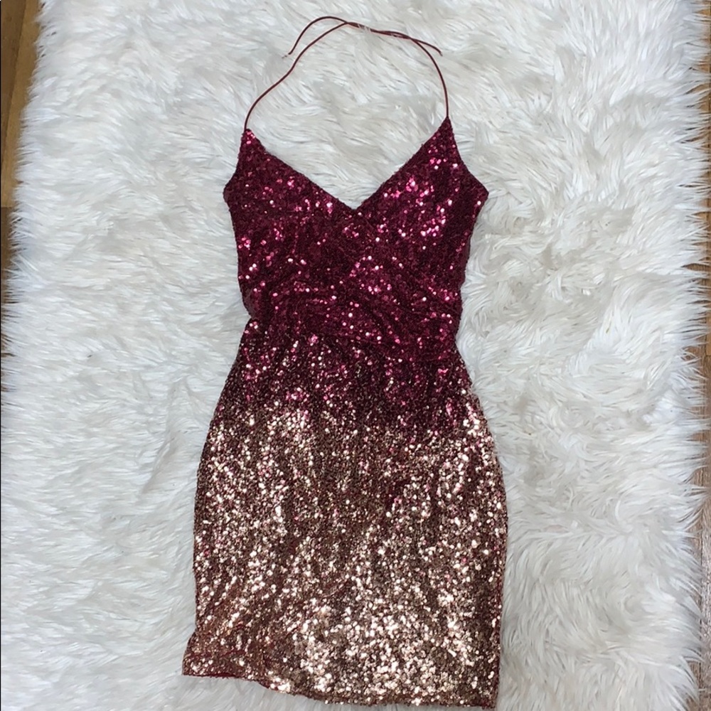 maroon & gold sparkly sequined homecoming dress
